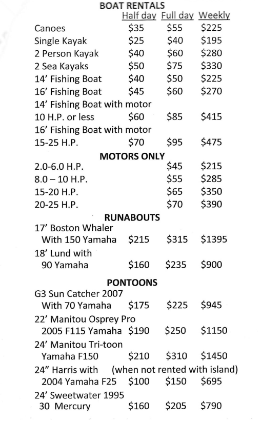 Boat Rental Price Sheet